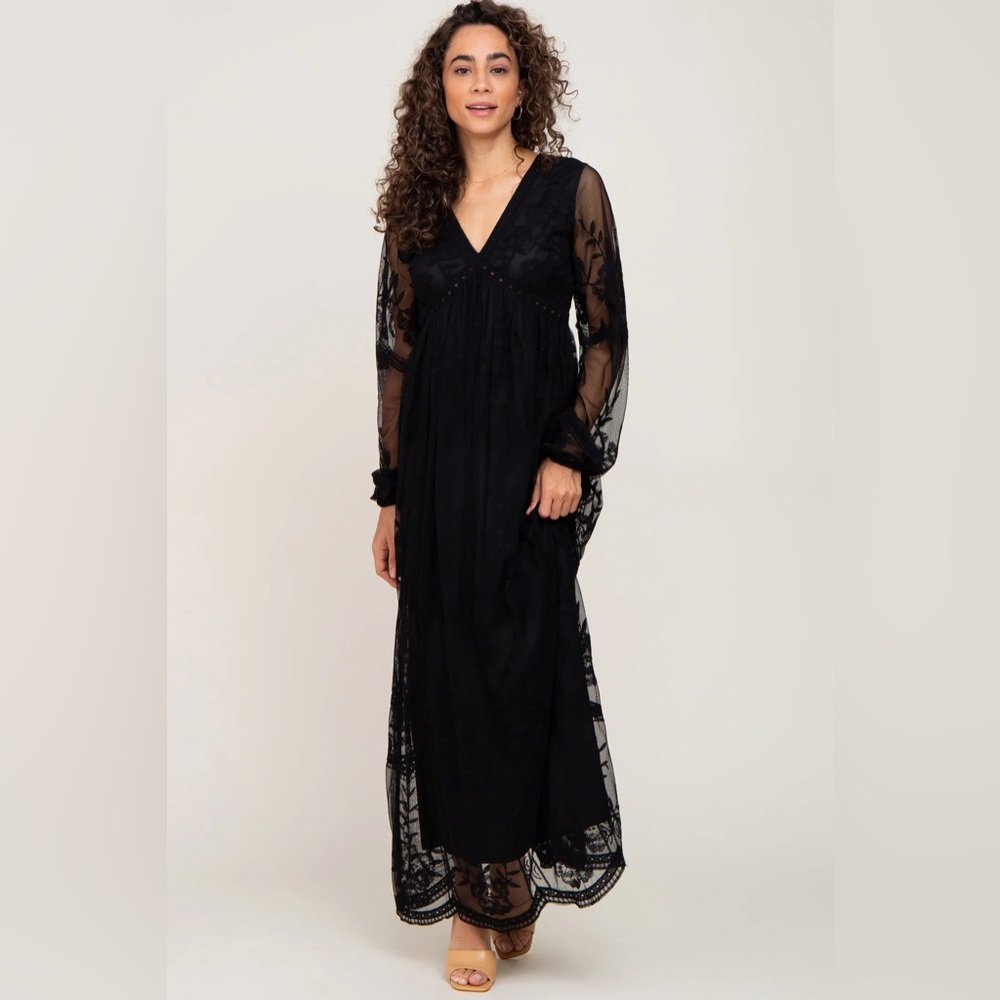 PinkBlush Black Lace Mesh Overlay Long Sleeve Maxi Dress